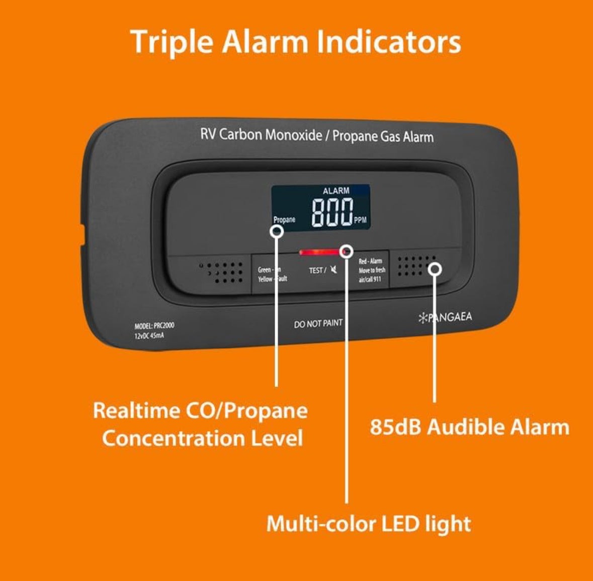 PANGAEA RV Carbon Monoxide & Propane Dual Gas Detector - Hard-Wired DC 12V, Large LCD Display, 85dB Loud Alarm, Easy Reset/Test Button - Ultimate Safety for Your Adventures (Flush Mount - Black