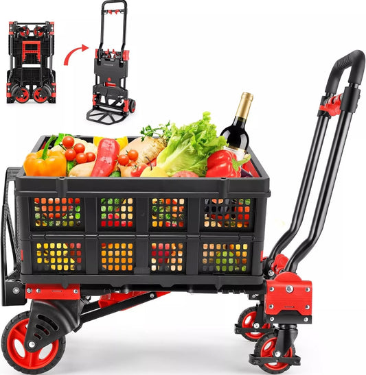 Open Box COOCHEER 330LB Folding Hand Truck Heavy Duty Carrying, 2-in-1Hand Truck Dolly Foldable with Folding Basket, Combination of 4 Wheels and 2 Wheels Convertible Dolly Cart with Retractable Handle Dolly for Moving