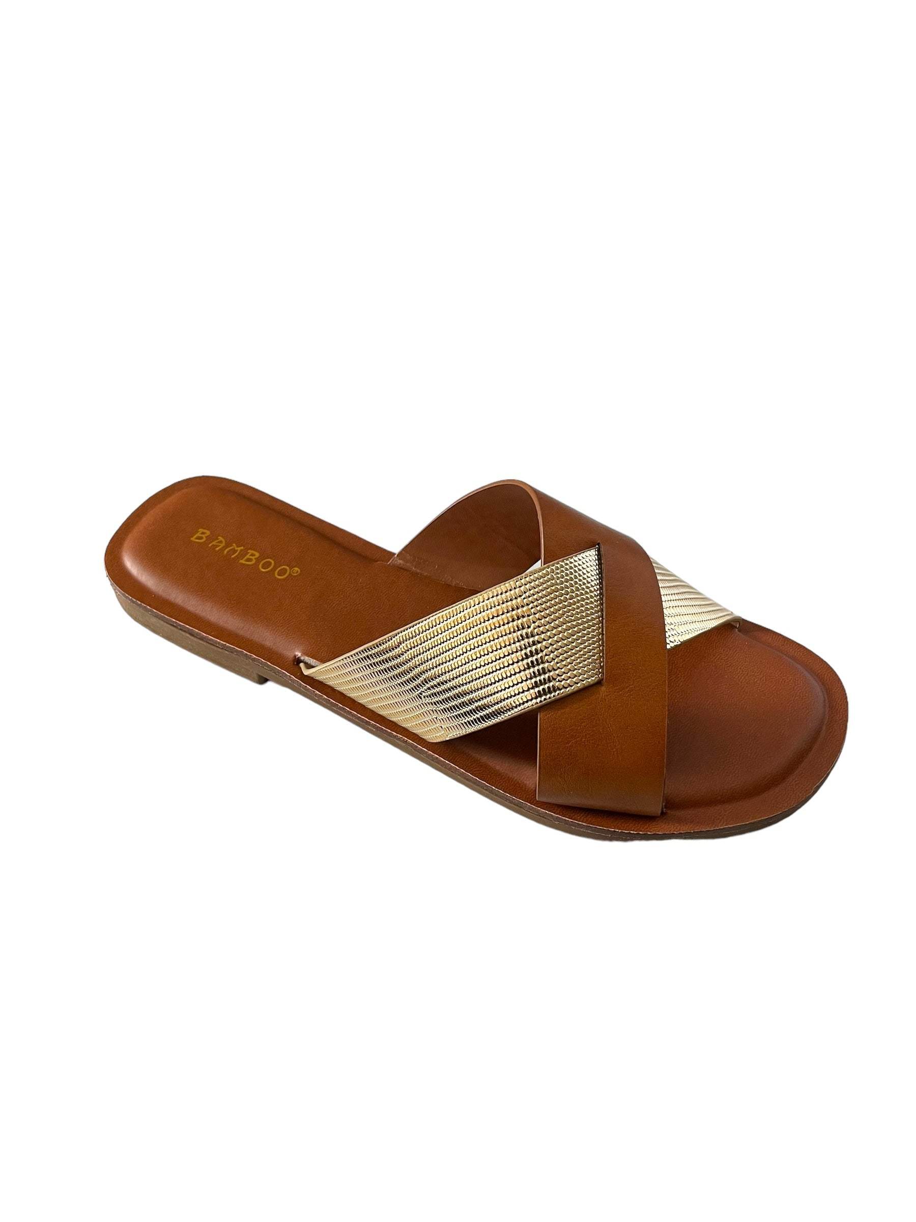 Bamboo Finest-17 women's cross strap slip-on sandals, brown with stylish detailing.