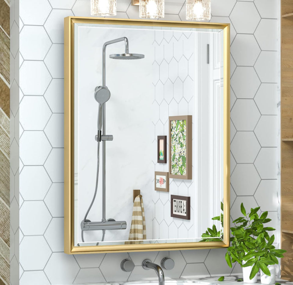 TokeShimi 20x26 gold metal framed bathroom medicine cabinet with mirror and beveled edges.