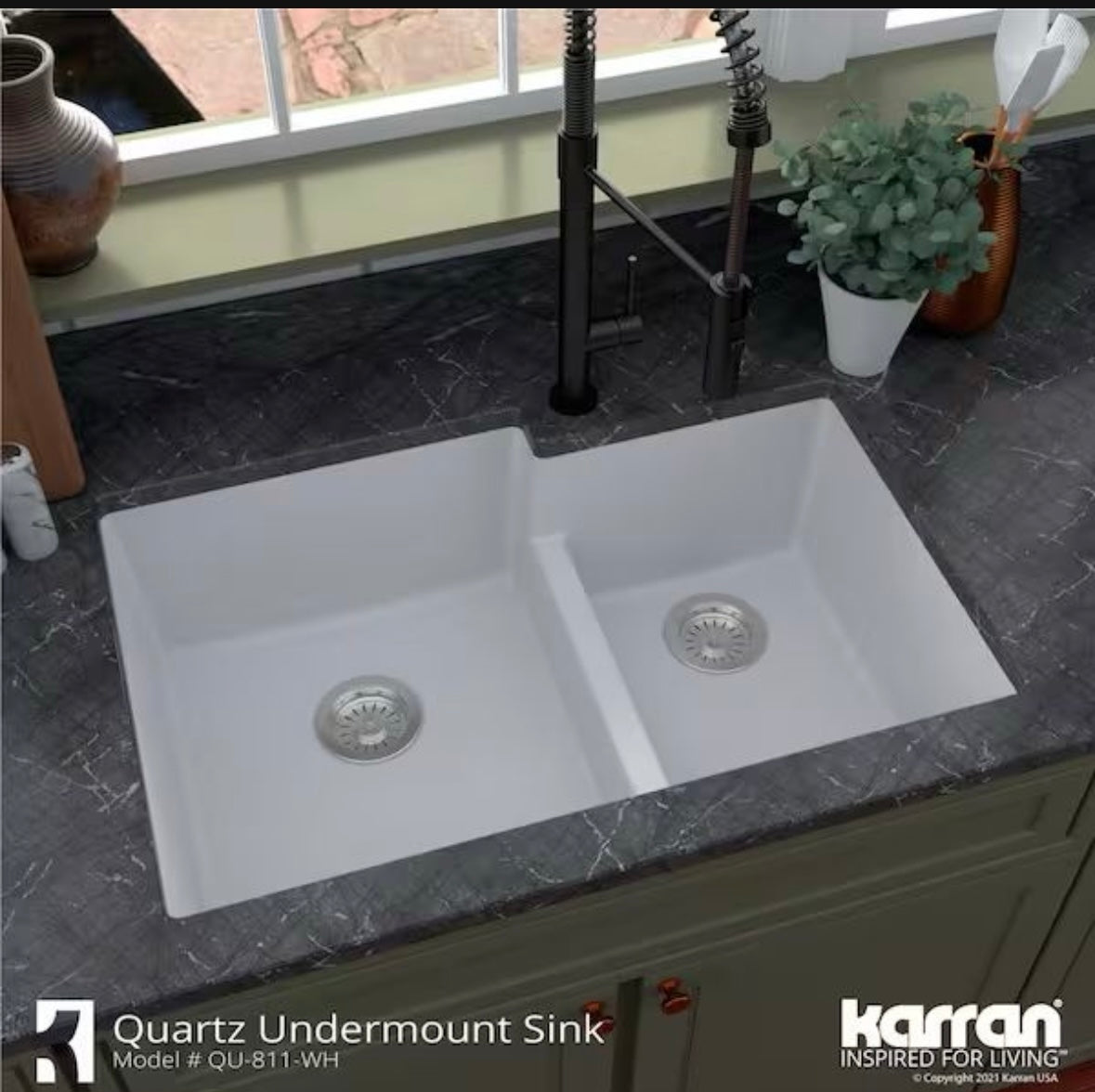 Open Box Karran Quartz/Granite White 33 in. 60/40 Double Bowl Composite Undermount Kitchen Sink