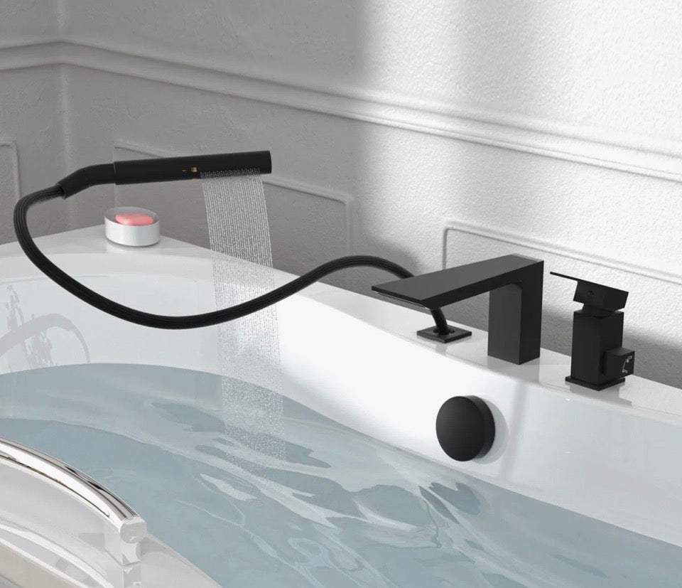 BESy 1 Handle Solid Brass Tub Faucet Deck Mounted Roman Bathtub Faucet with 2 Function Handshower and Diverter B_BTF_00003_03_BK