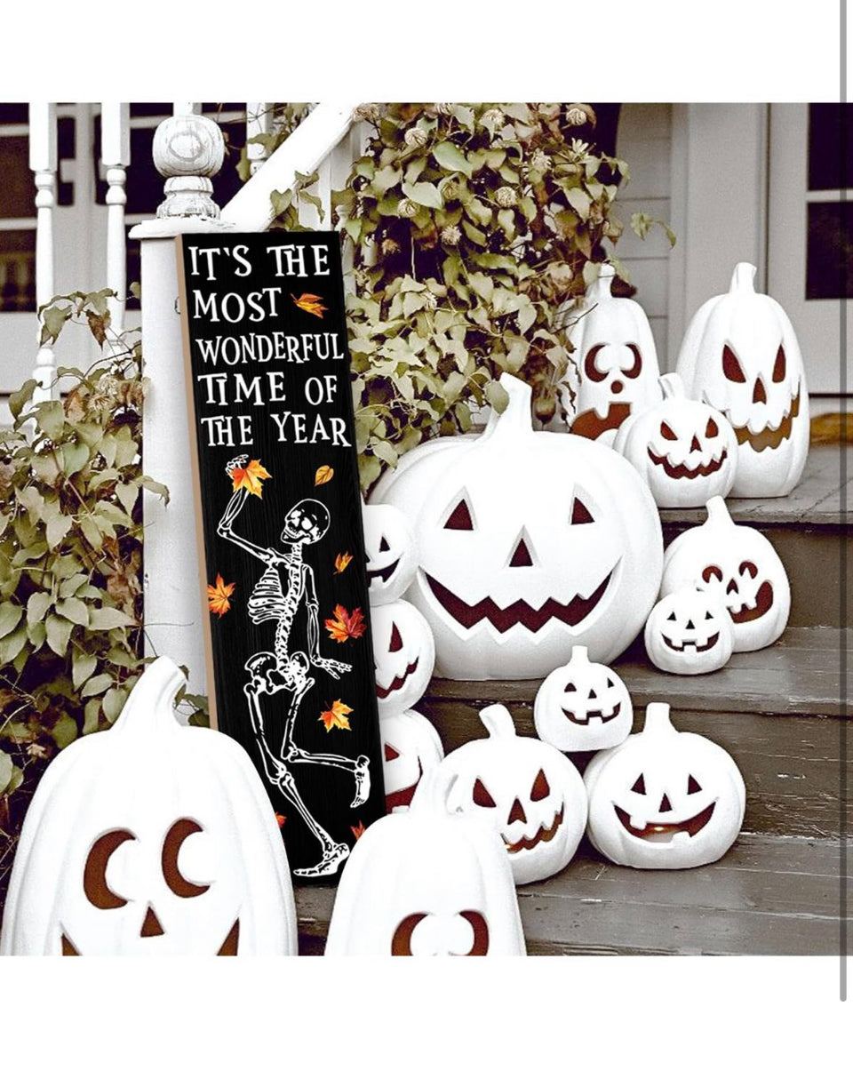 Open Box New "WUAHON Halloween Porch Sign - Decorative Skull Decor Hanging Wooden Welcome Sign for Fall Maple leaf Skull Standing Hanging Home Front D