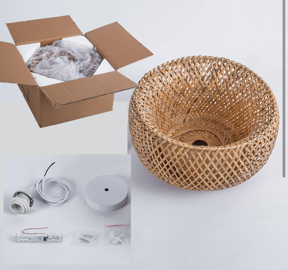 Open Box Ai HaoLe Bamboo Pendant Light 1 Light for Kitchen- 17.7 in HandWoven Natural Rattan Pendant Lights Bamboo Lamp Hanging Chandelier Rattan Hanging Lights Fixture for Kitchen Island Living Room Bedroom (17.7 in)