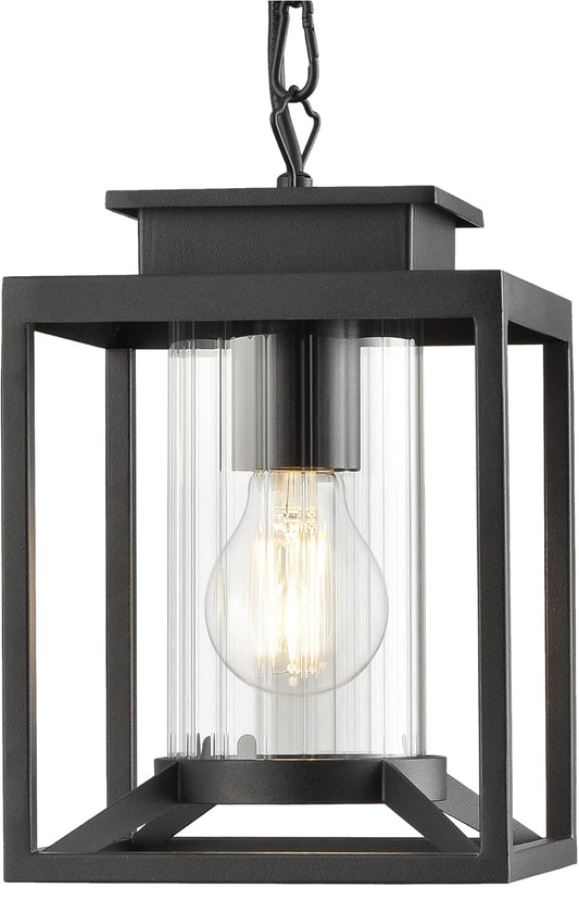 Brand New Osimir Outdoor Pendant Light for Porch, 1-Light Black Hanging Porch Light Modern Exterior Hanging Lantern with Cylinder Glass and Adjustable Chain for Gazebo, 2353/1H