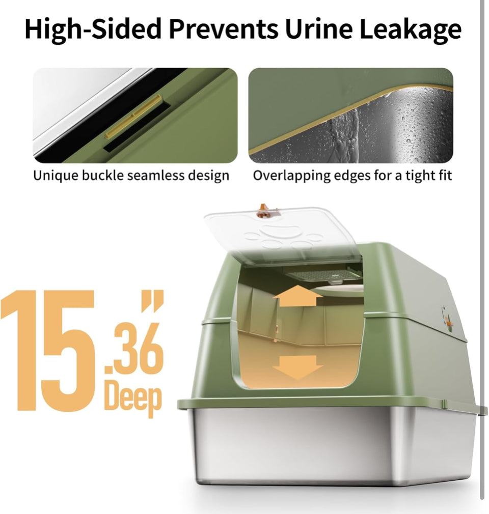 Open Box EOSARCU Stainless Steel Cat Litter Box with Lid, XL Large Enclosed High Sided Litter Box with Removable Lid, Carbon Filters -Odor Free, Easy