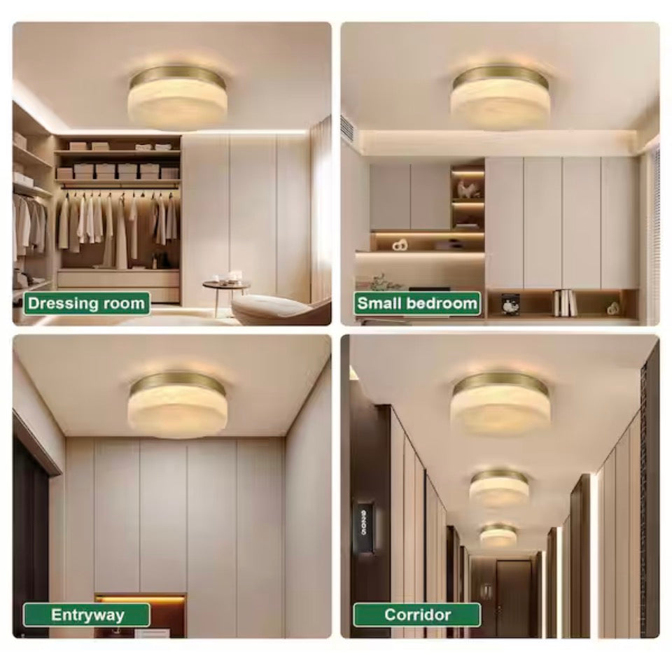 MENCOLULU 11.4 in. Modern Gold Round Dimmable LED Flush Mount Ceiling Light with White Cloud Glass Shade