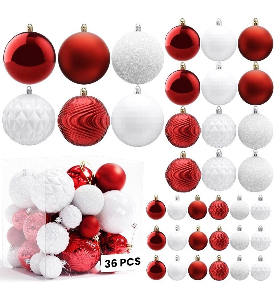 H Open Box Annecy Christmas Tree Ornaments - 36 PCS Shatterproof Christmas Ball Ornaments Set for Holiday, Wreath & Party Decorations (Multi-Size, Red,