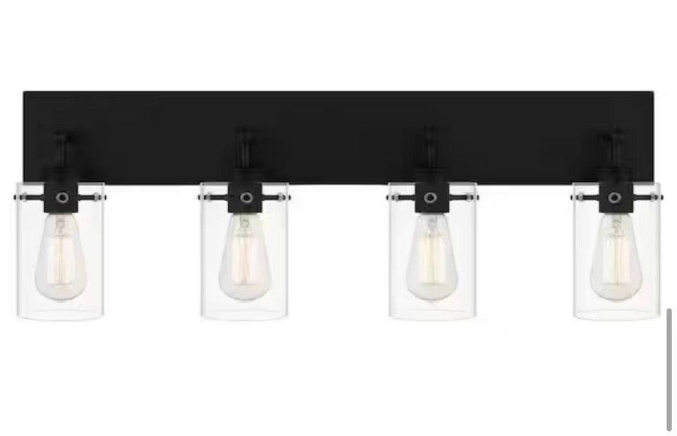 Hampton Bay  Regan 29.25 in. 4-Light Matte Black Bathroom Vanity Light with Clear Glass Shades