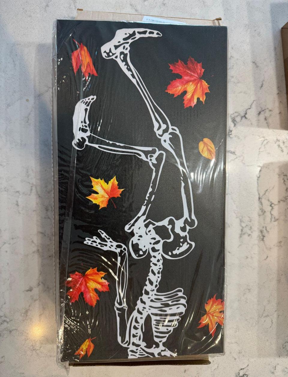 Open Box New "WUAHON Halloween Porch Sign - Decorative Skull Decor Hanging Wooden Welcome Sign for Fall Maple leaf Skull Standing Hanging Home Front D