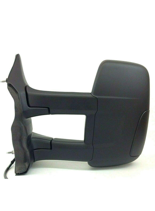 Replacement driver left side mirror for Ford Transit 150 250 350, power glass, non-heated, manual folding, long extension view.