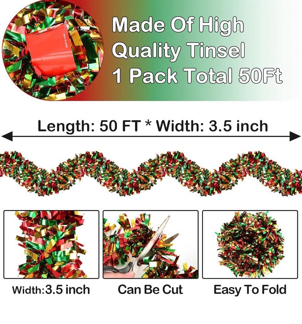 Open Box Wowscan 50Ft Christmas Red Green and Gold Tinsel Garland Metallic Twist Shiny