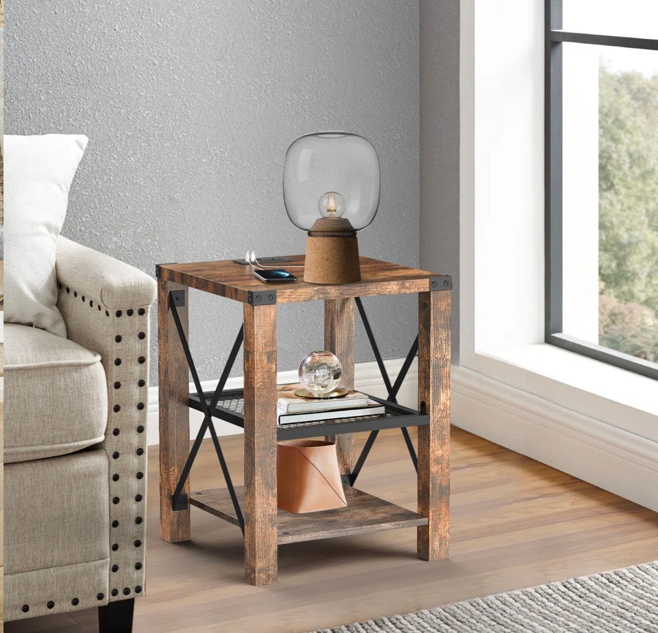 17 stories Eidelweiss Tall End Table Nightstand with 2 USB Ports, 2 Power Outlets, and 2 Storage Shelves