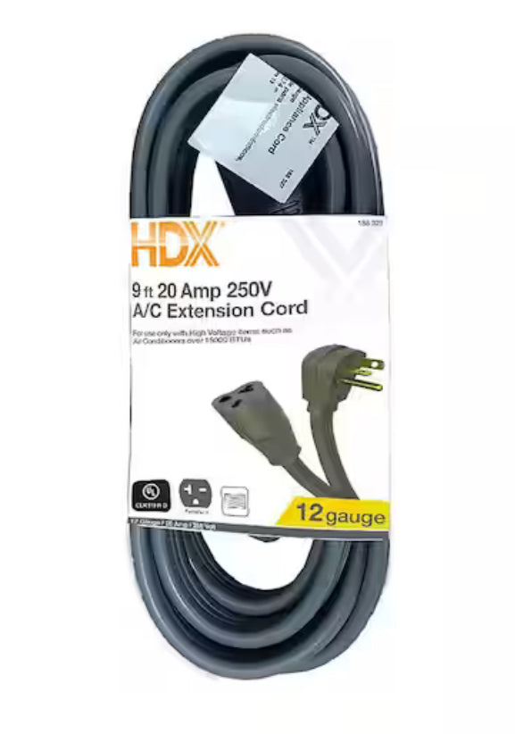 HDX 9 ft. 12/3 gauge 20 Amp 250-Volt air conditioner extension cord with right-angle plug in grey.