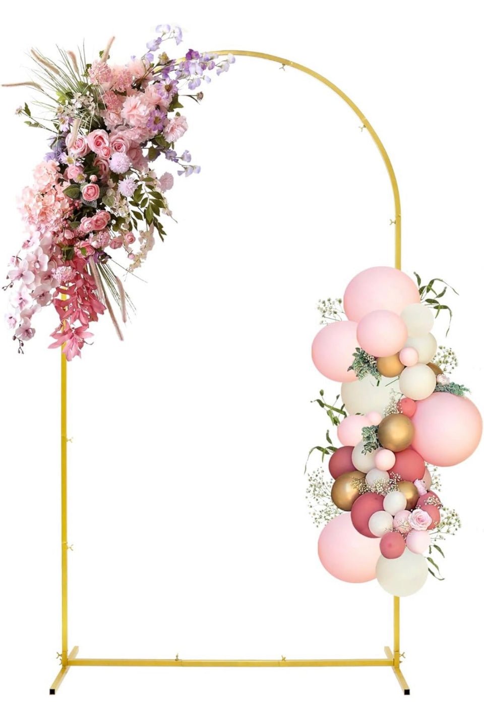 Gold metal wedding arch backdrop stand decorated with pink and white balloons and floral arrangements