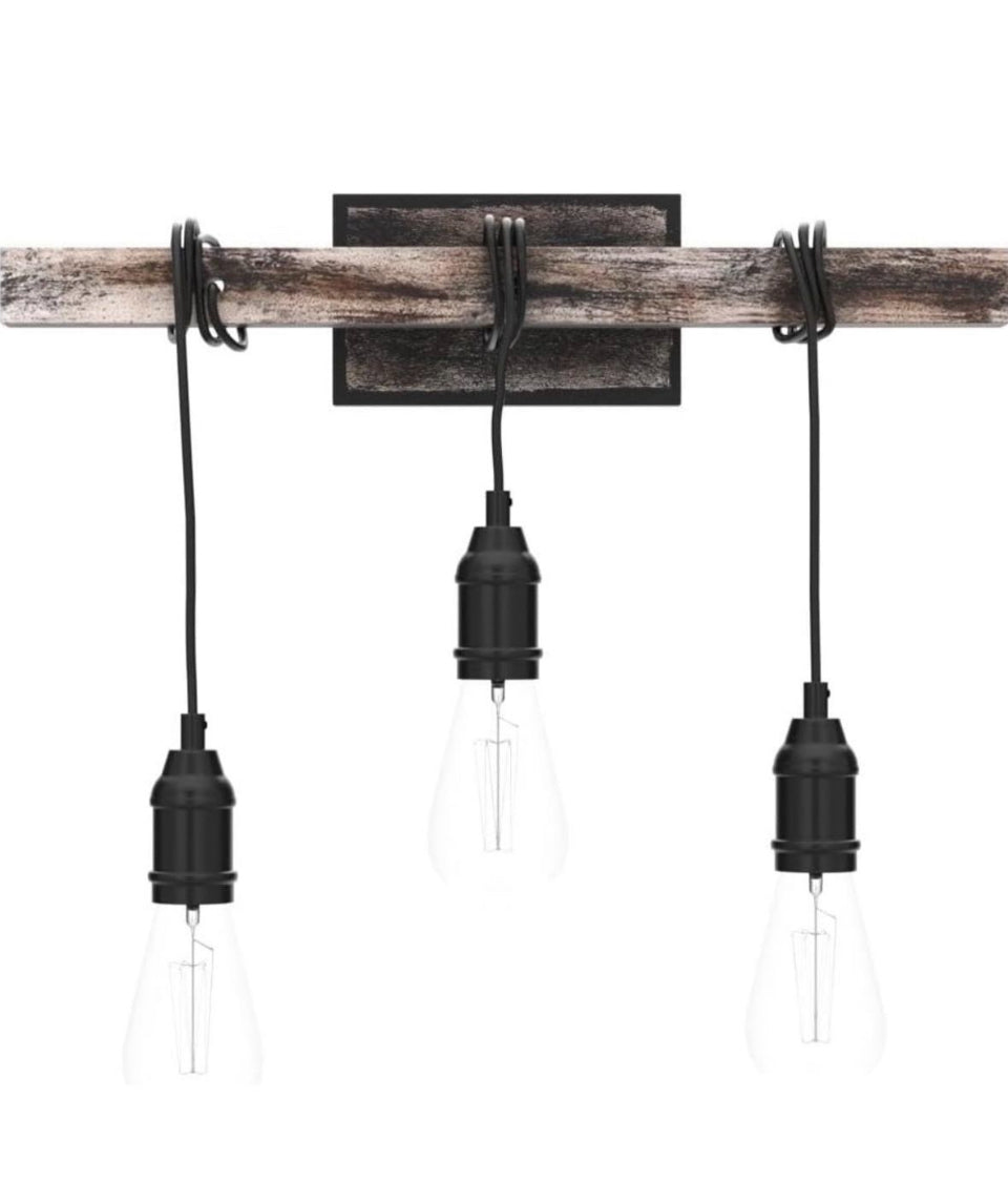 LMSOD 3 Lights Vintage Wall Sconce, Farmhouse Industrial Bare Bulb Wire Wrapped Wood Beam Linear Bathroom Vanity Light