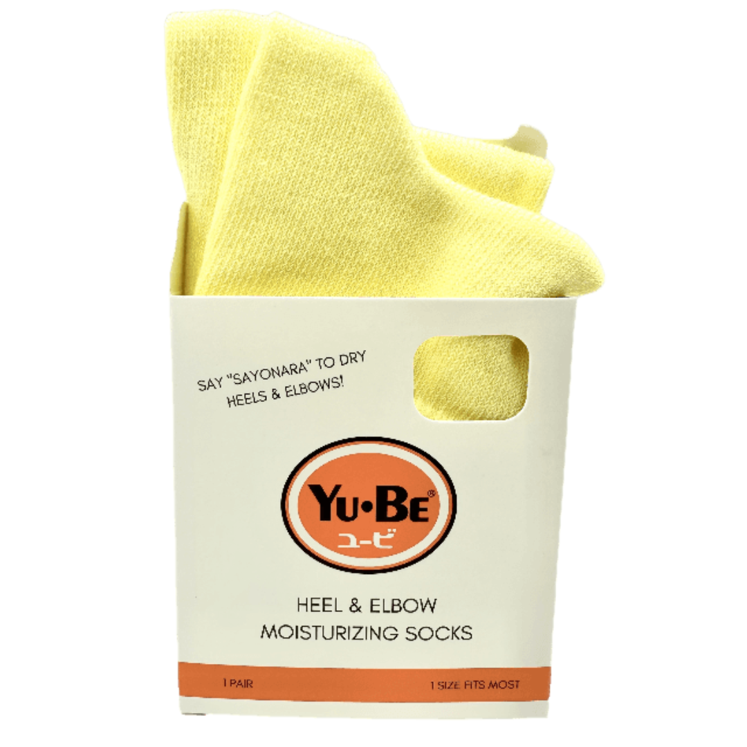 Yu-Be Heel & Elbow Moisturizing Socks in yellow designed to soften and repair dry, cracked skin with light compression support.