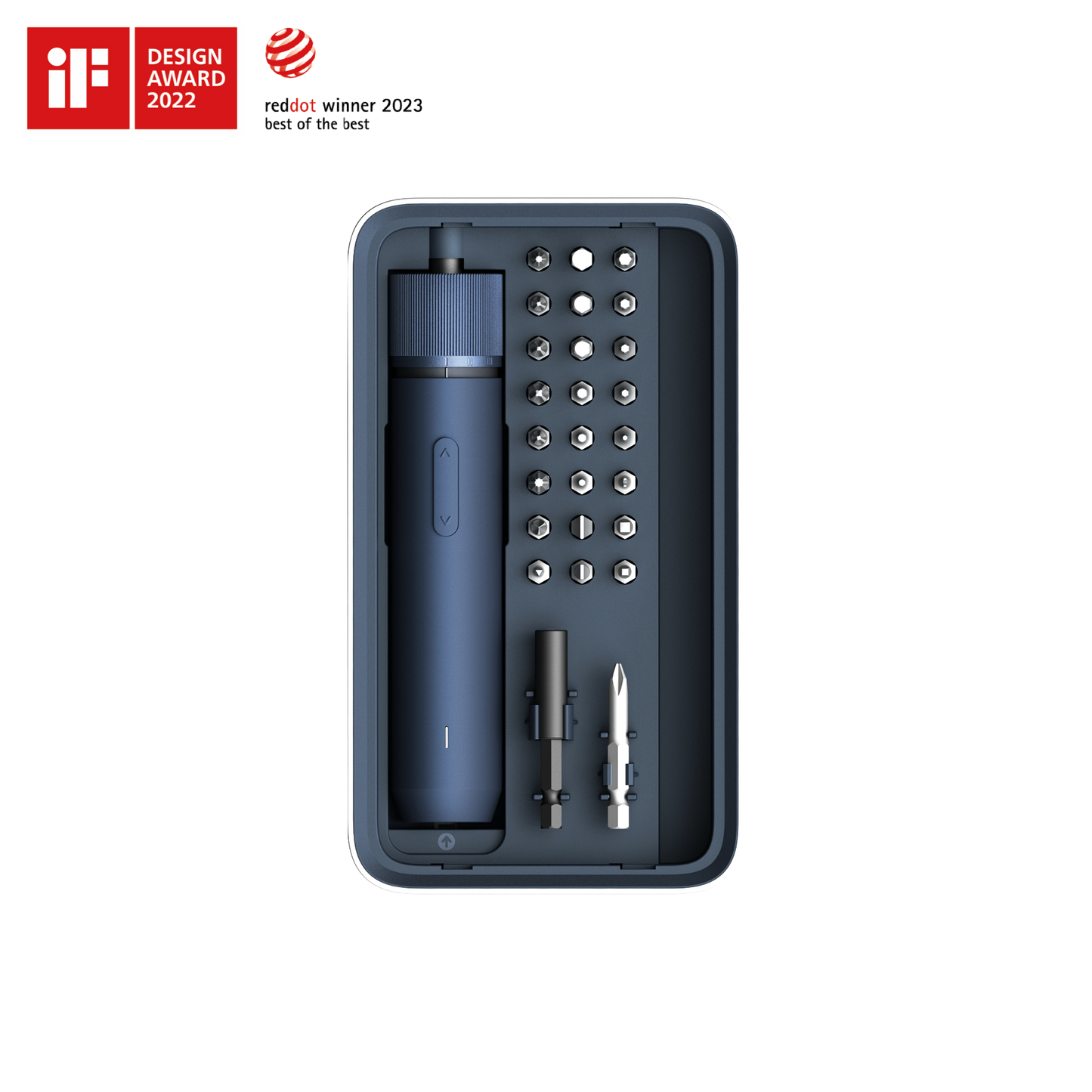 Compact 3.6V electric screwdriver kit with multiple bits, built-in LED light, rechargeable lithium battery, and organized storage box.