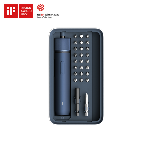 Compact 3.6V electric screwdriver kit with multiple bits, built-in LED light, rechargeable lithium battery, and organized storage box.
