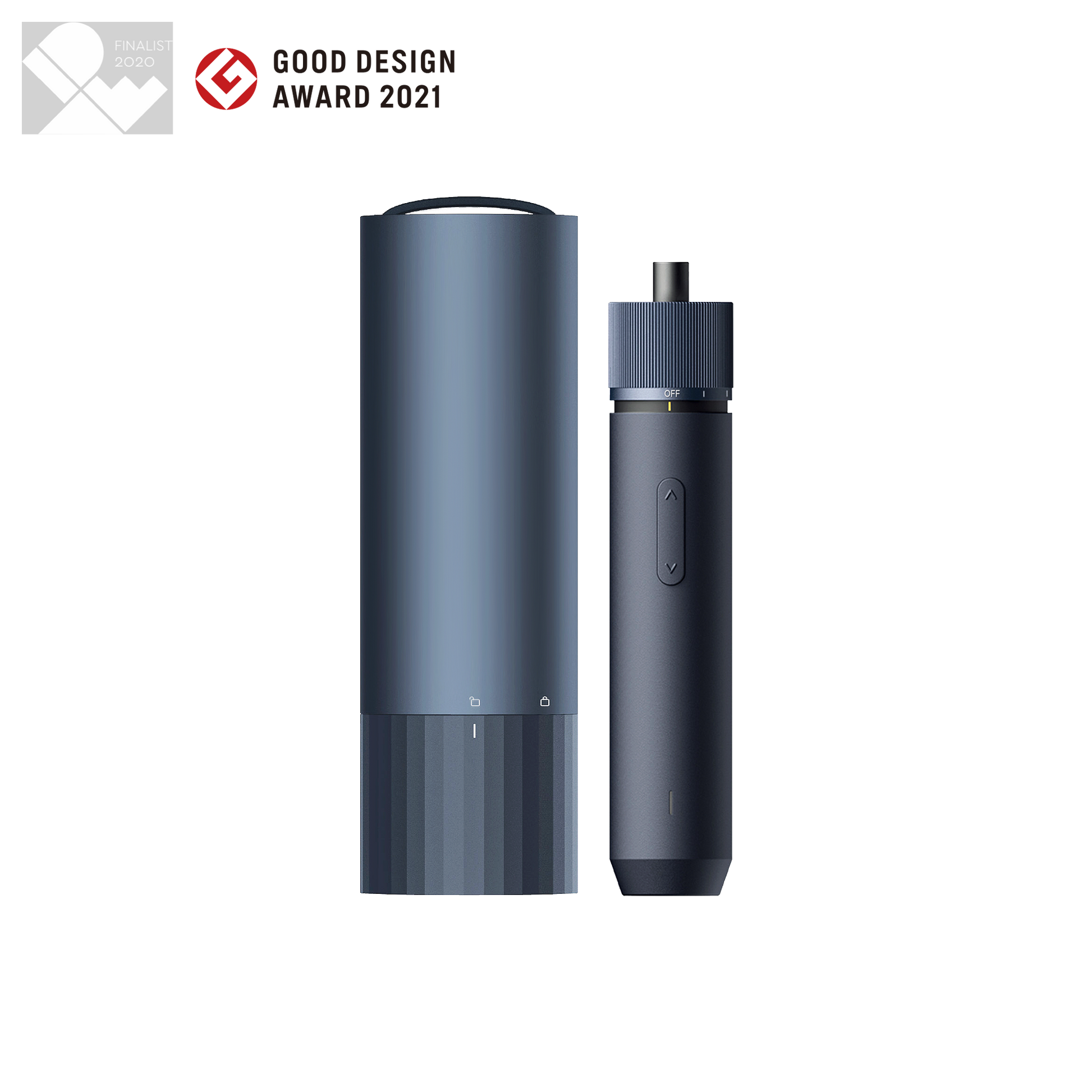 Compact 3.6V screwdriver kit with adjustable torque, 12 S2-steel bits, LED light, USB-C charging, and aluminum storage box.