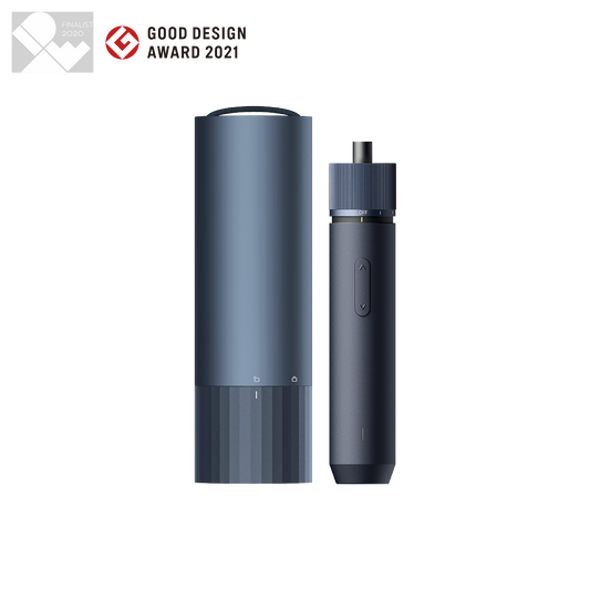 Compact 3.6V screwdriver kit with adjustable torque, 12 S2-steel bits, LED light, USB-C charging, and aluminum storage box.