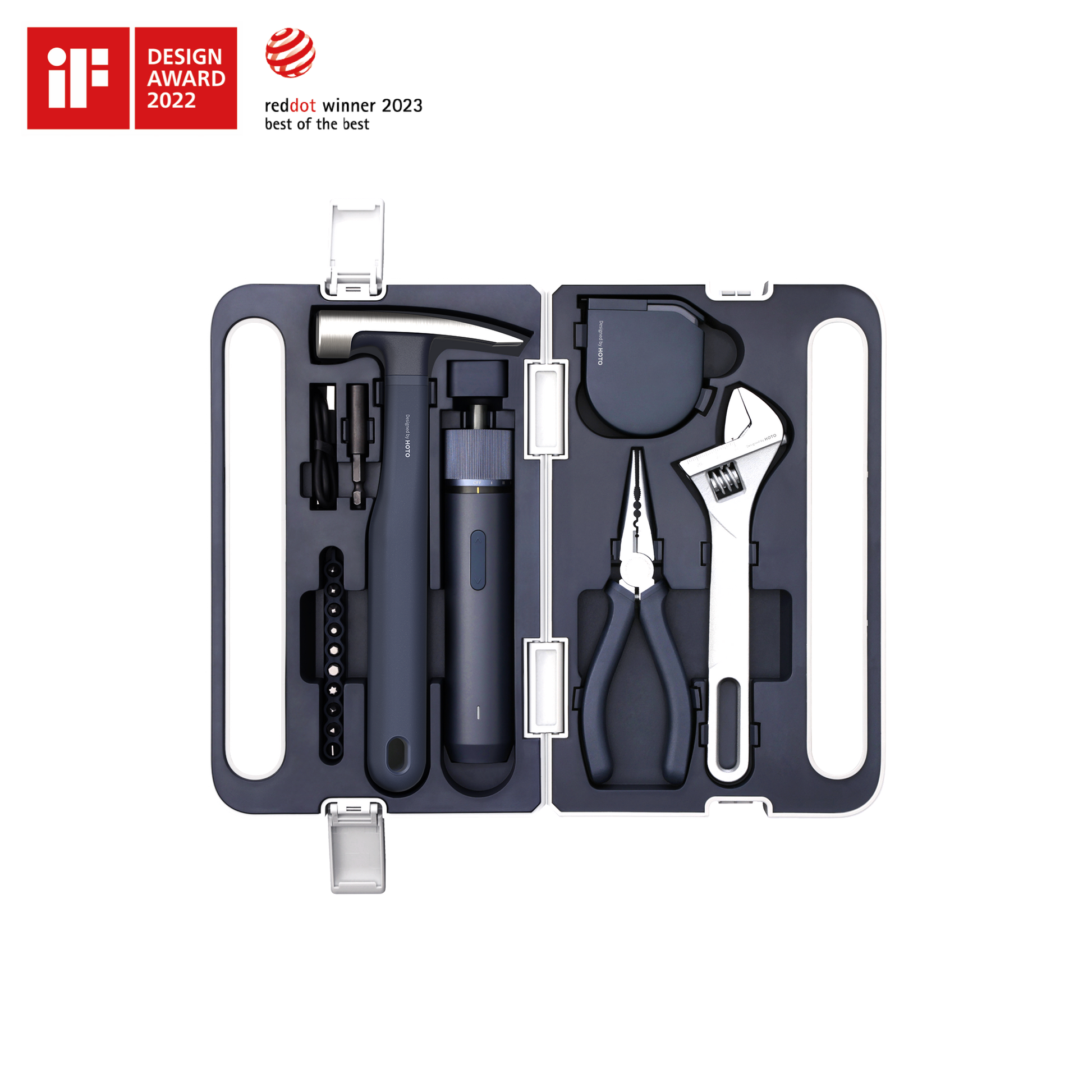 3.6V Screwdriver Tool Set with LED electric screwdriver, hammer, pliers, adjustable wrench, and bits in a compact case