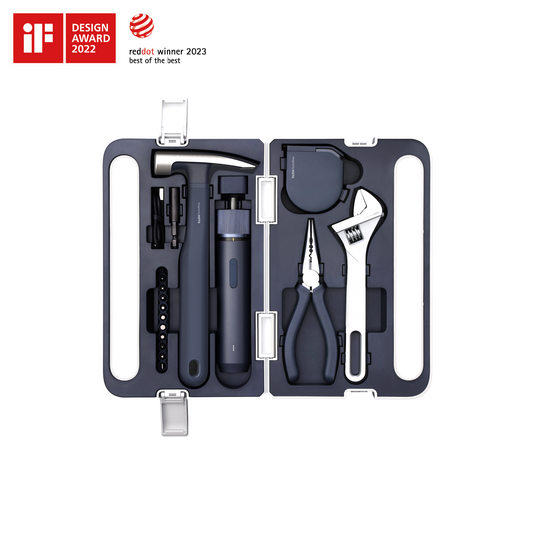 3.6V Screwdriver Tool Set with LED electric screwdriver, hammer, pliers, adjustable wrench, and bits in a compact case