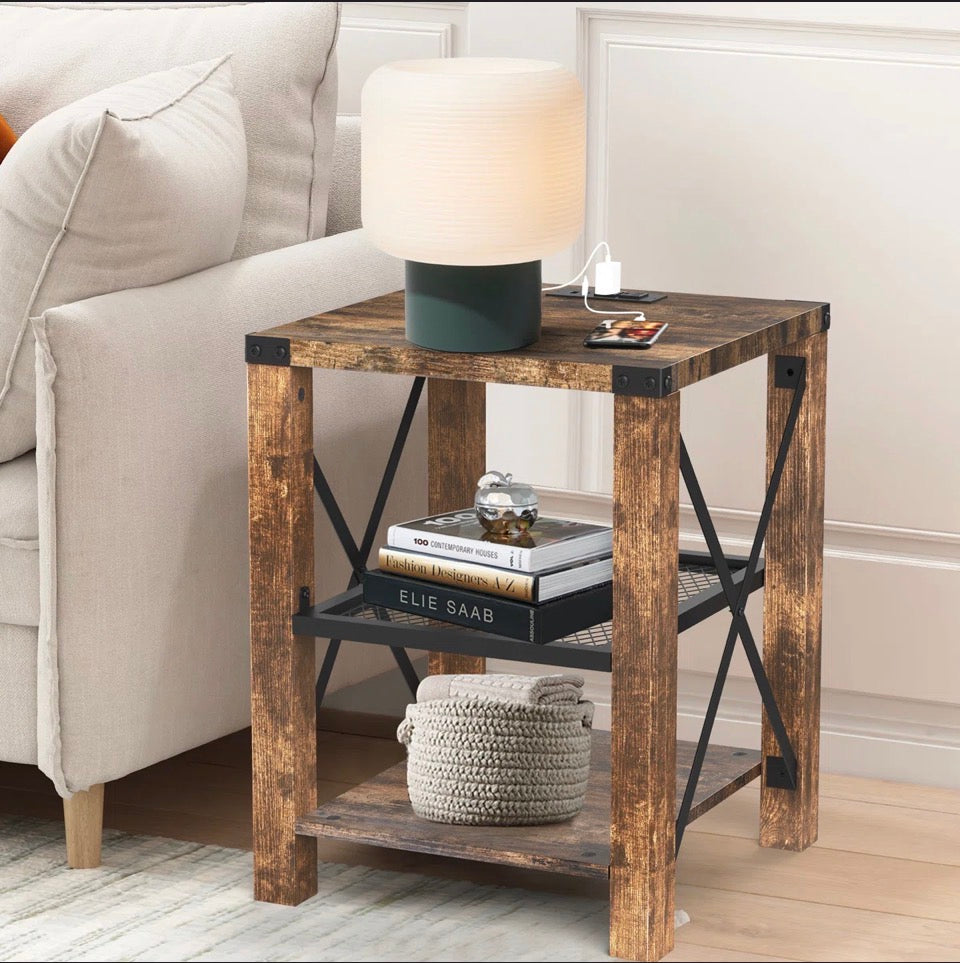 17 stories Eidelweiss Tall End Table Nightstand with 2 USB Ports, 2 Power Outlets, and 2 Storage Shelves