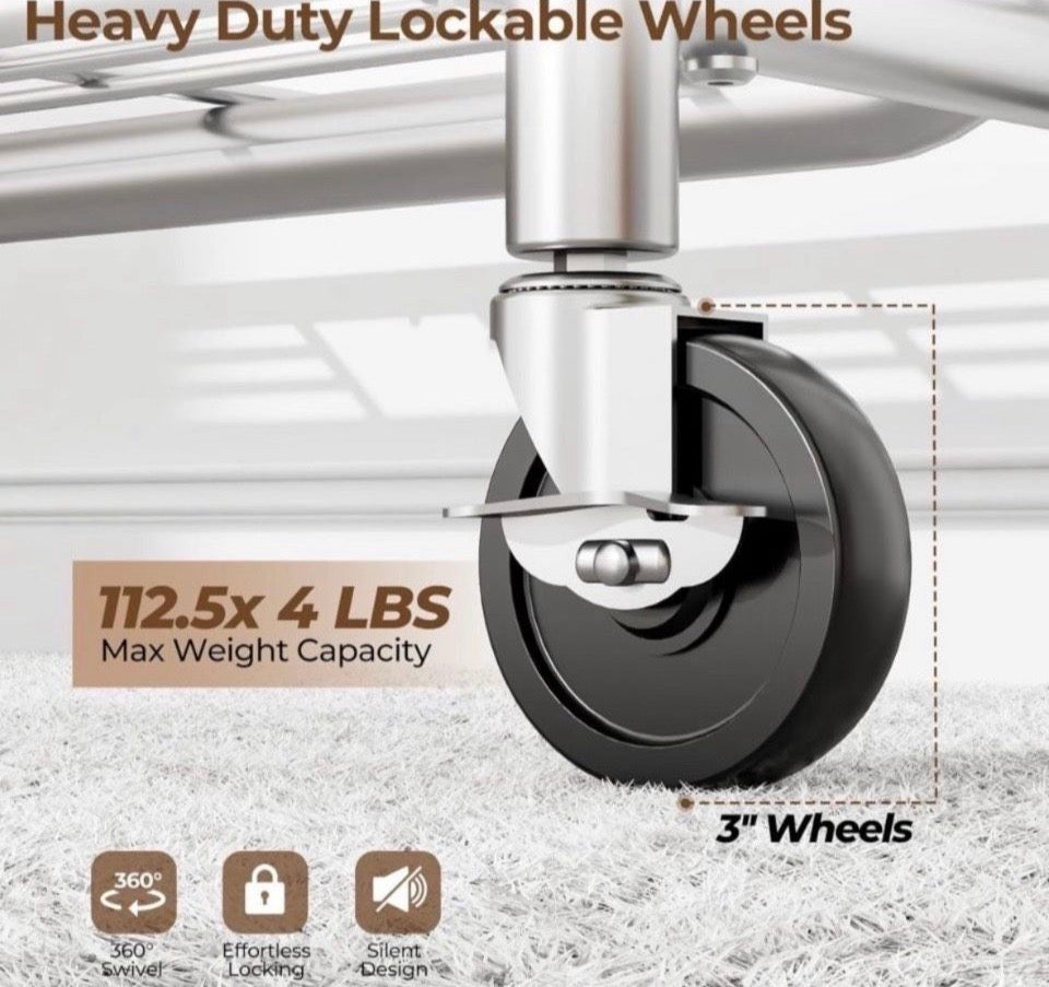 Open Box HYSEYY Heavy Duty Clothes Rack Load 450 LBS, Metal Garment Rack, Standing Rolling Clothing Rack for Hanging Clothes with Sturdy Wheels & Shel