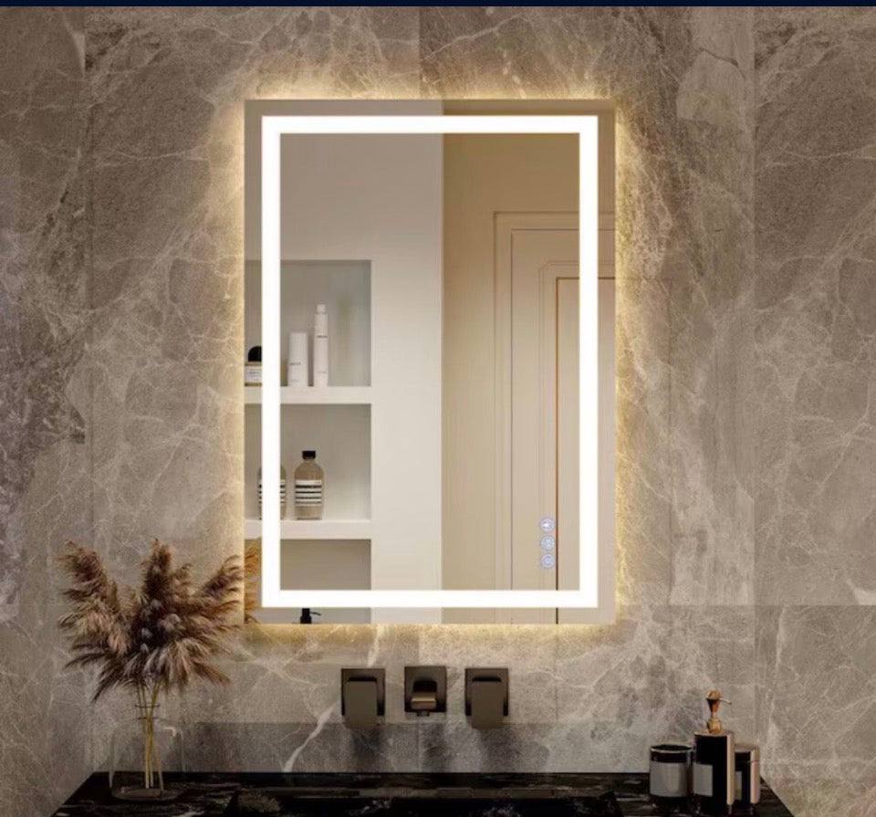 GLSLAND 26 in. W x 38 in. H LED anti-fog frameless bathroom vanity mirror with adjustable warm, natural, and white lights