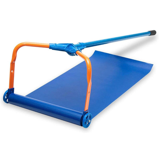 Heavy-duty blue and orange snow roof rake with built-in wheels and a wide slide for easy snow removal.