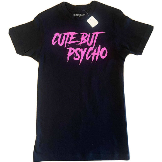 Black t-shirt with bold pink "CUTE BUT PSYCHO" text graphic and new tag attached