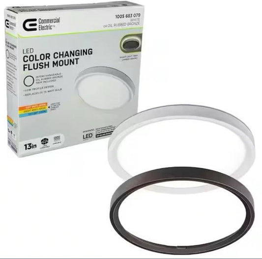 Open Box Commercial Electric 13-inch LED flush mount ceiling light with interchangeable white and oil rubbed bronze trims and adjustable color temperature.