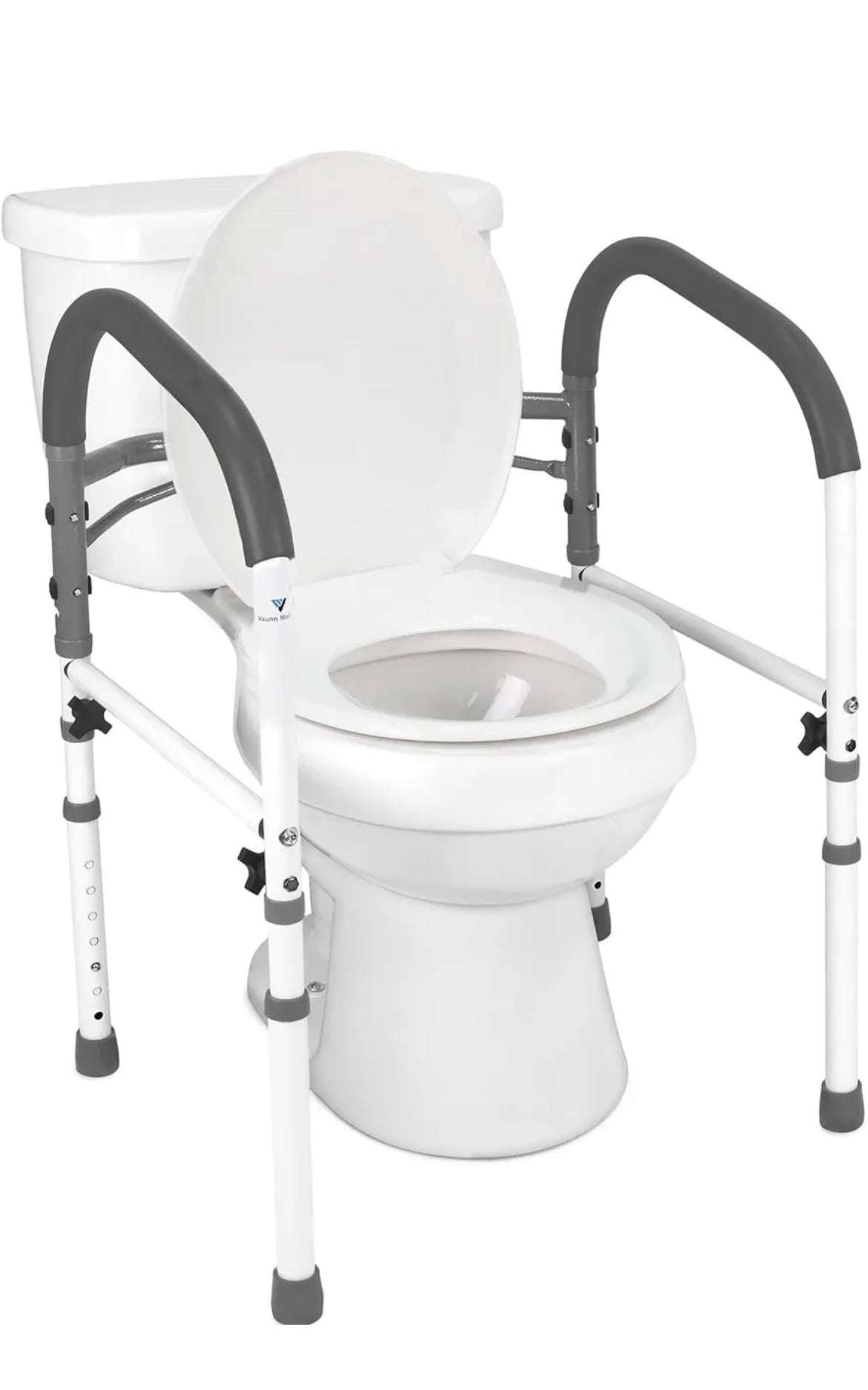 Vaunn Deluxe Folding Safety Toilet Rail, adjustable and sturdy toilet safety frame in gray with metal steel supports.