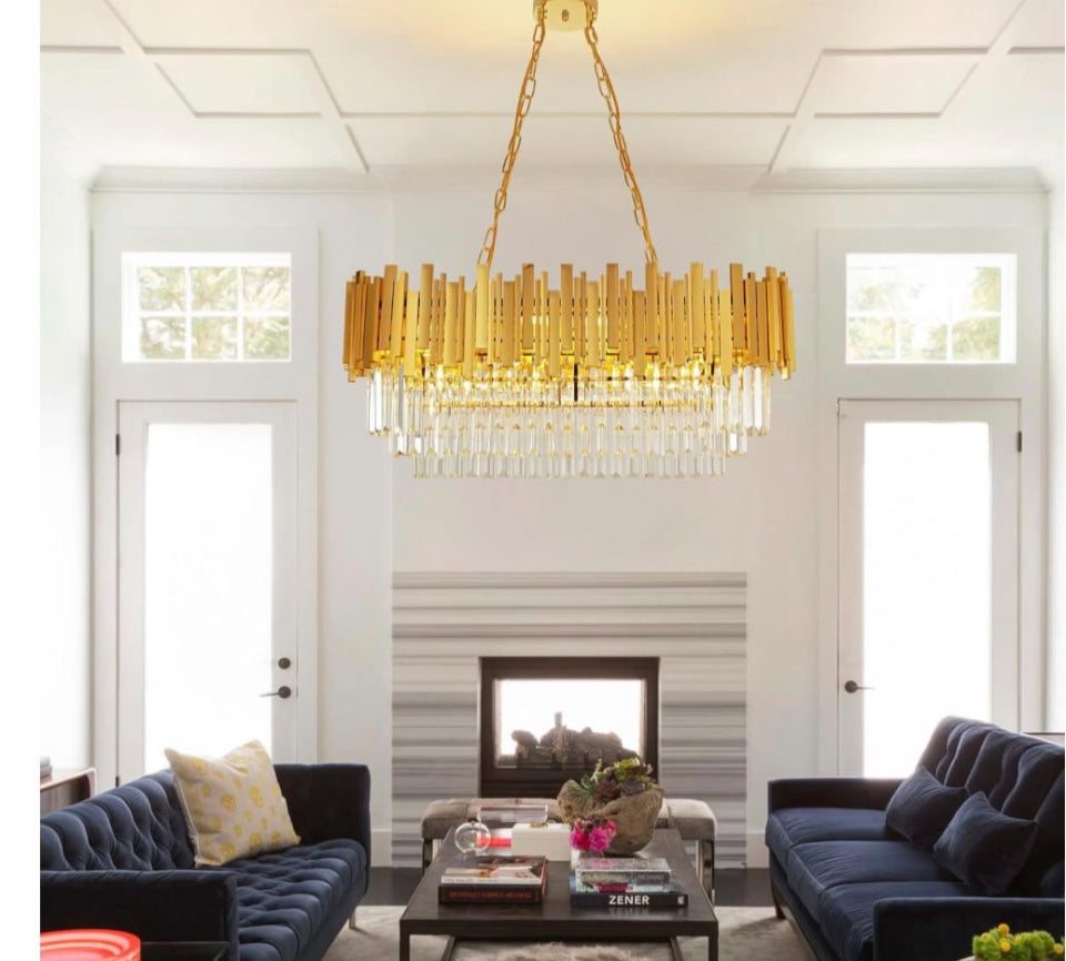 AOOCOW Modern Crystal Chandelier Luxury Gold Chandelier Lights Contemporary Oval Crystal Kitchen Island Chandelier Large Raindrop Pendant Light Fixture - Selzalot