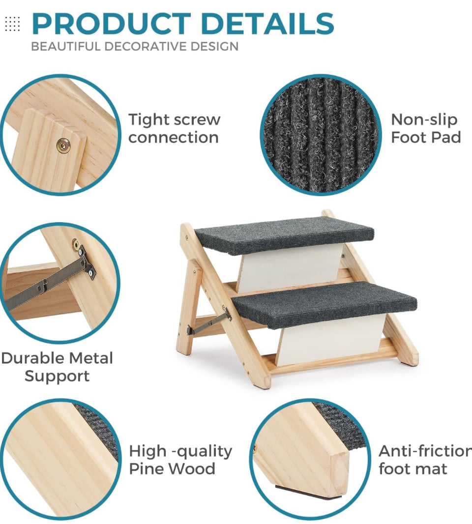 MEWANG Wood Pet Stairs/Pet Steps - Foldable 2 Levels Dog Stairs & Ramp Perfect for Beds and Cars - Portable Dog/Cat Ladder Up to 110 Pounds