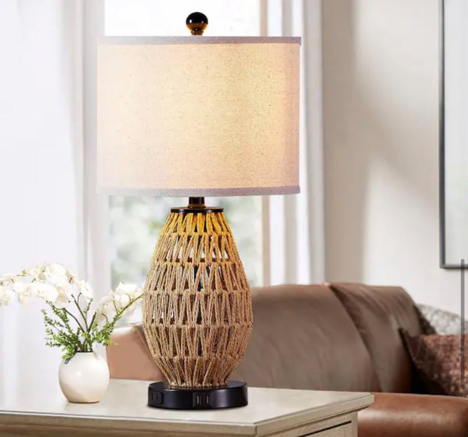 Open box Adone 23 in. H Brown Touch Control Rattan Table Lamps with 2 USB Ports and