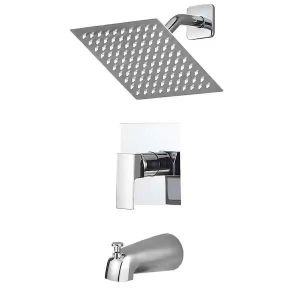Polish chrome single handle 2-spray tub and shower faucet with pressure-balancing valve and modern square showerhead