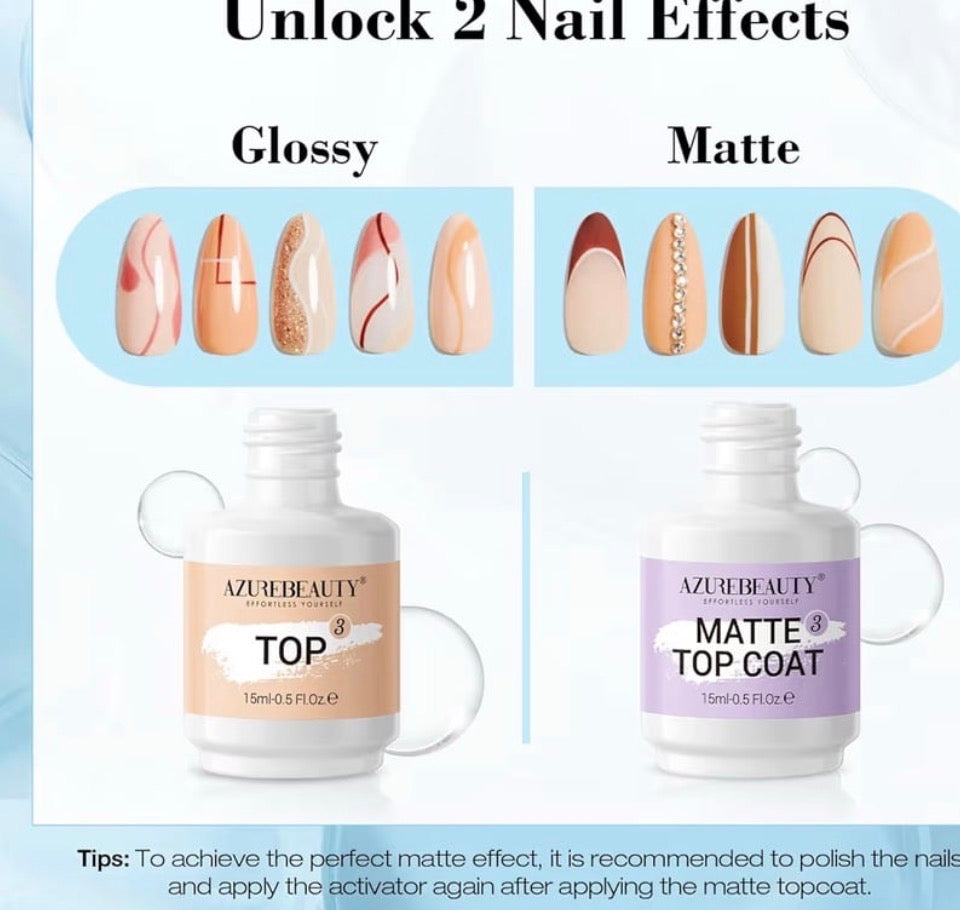 Brand New AZUREBEAUTY Dip Powder Liquid Set Bond, Base, Glossy Matte Top Coat, Activator,