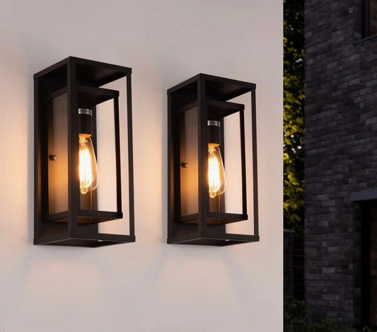 17 Stories Rasharkin outdoor wall sconce set of 2 with rectangular metal frame and clear glass shade in matte black finish