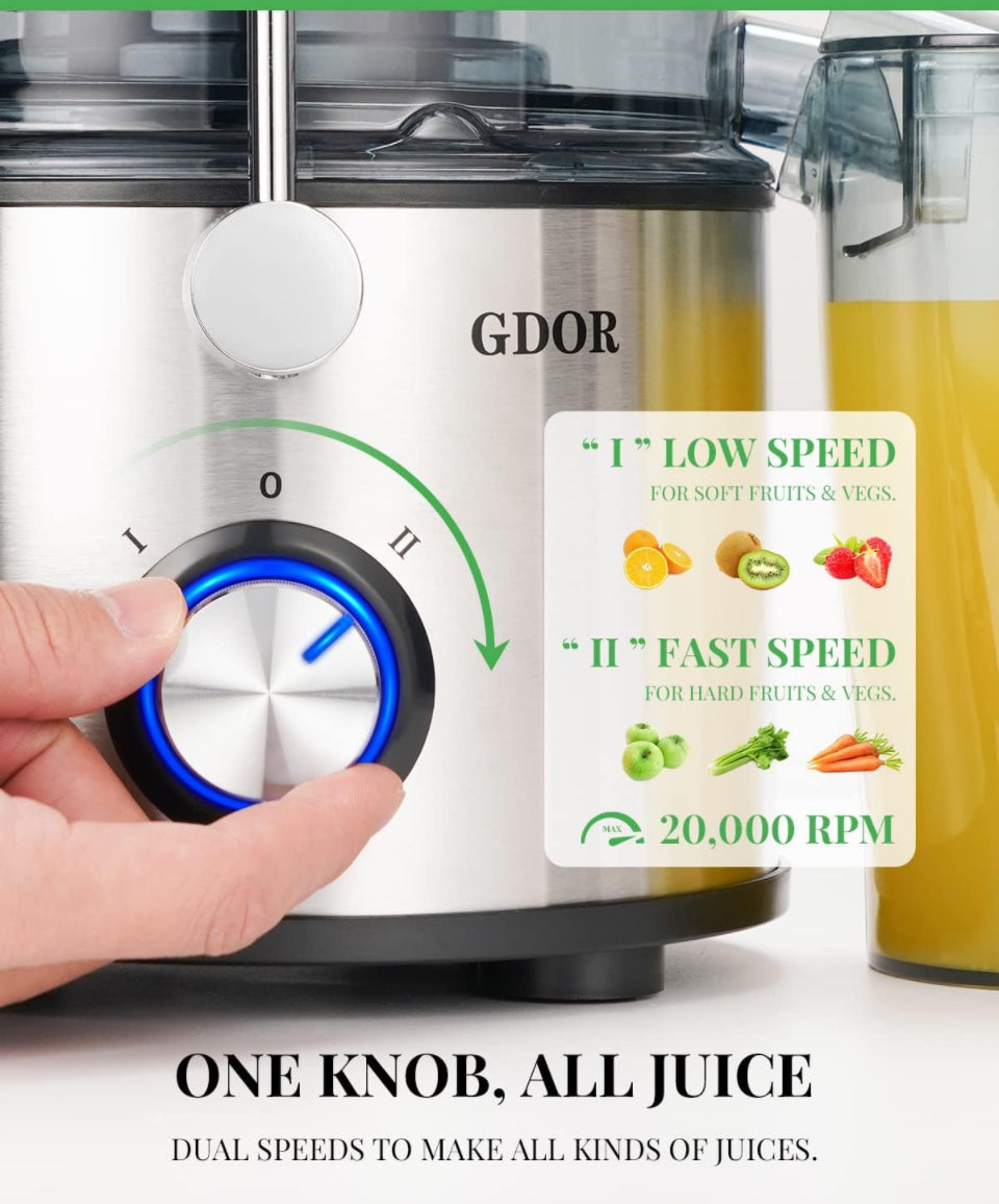 GDOR Powerful 1200W Juicer with Titanium Enhanced Cut Disc, Larger 3” Feed Chute Juicer Machines for Whole Fruits and Vegetables, Centrifugal Juicer w