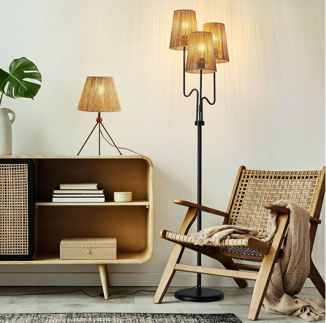 Boho Floor Lamp, 68in. Rattan Floor Lamp with Rattan Shade, 3 Light Tree Standing Lamp for Bedroom,Nursery, E26 Socket, Living Room Floor Lamp for Rus