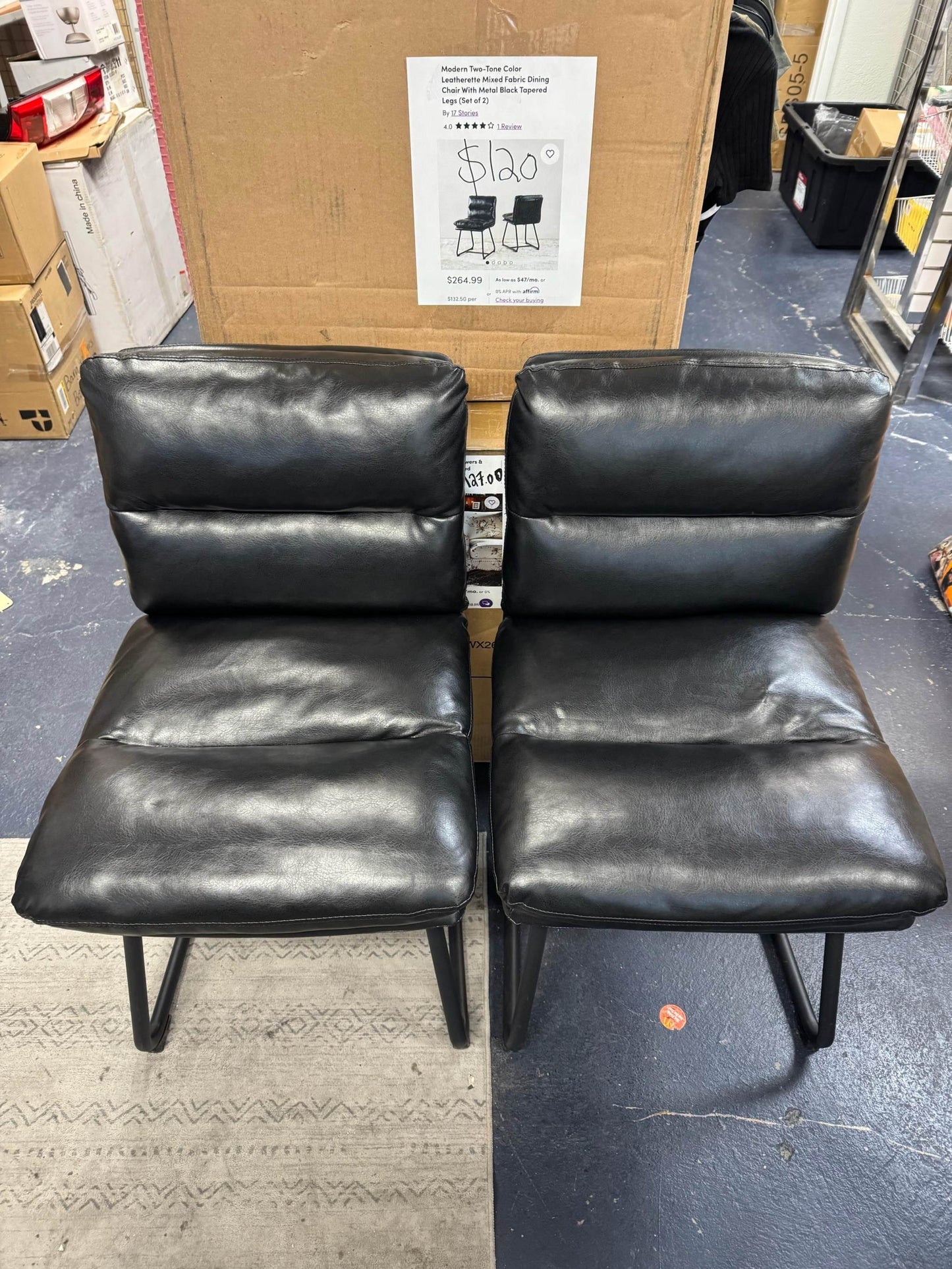 17 stories Modern Two-Tone Color Leatherette Mixed Fabric Dining Chair With Metal Black Tapered Legs (Set of 2)