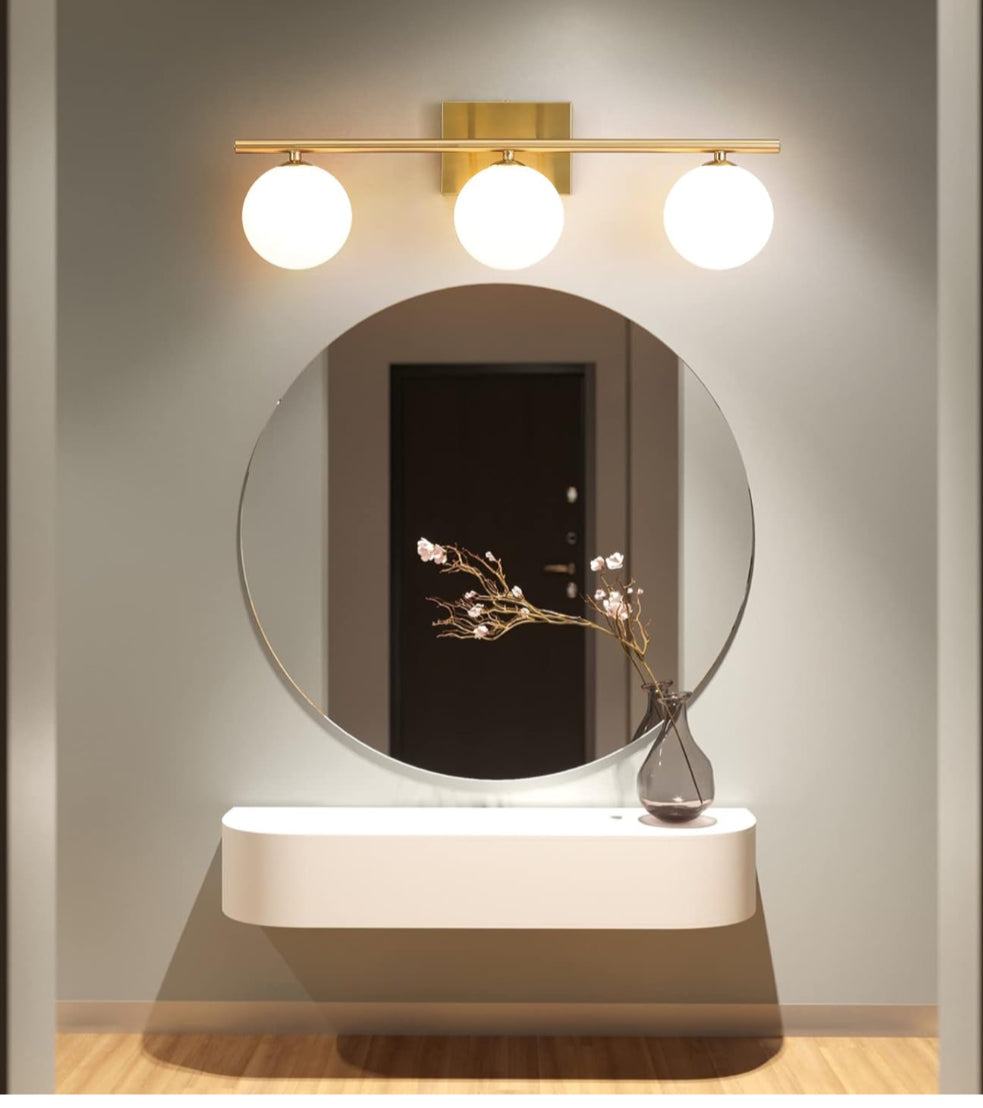 Gold Bathroom Vanity Light Fixtures,3 Lights Brass Milk White Globe - Selzalot