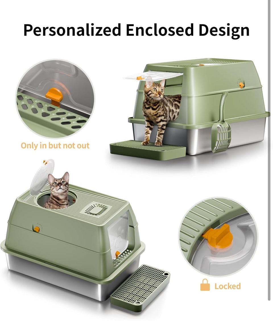 Open Box EOSARCU Stainless Steel Cat Litter Box with Lid, XL Large Enclosed High Sided Litter Box with Removable Lid, Carbon Filters -Odor Free, Easy