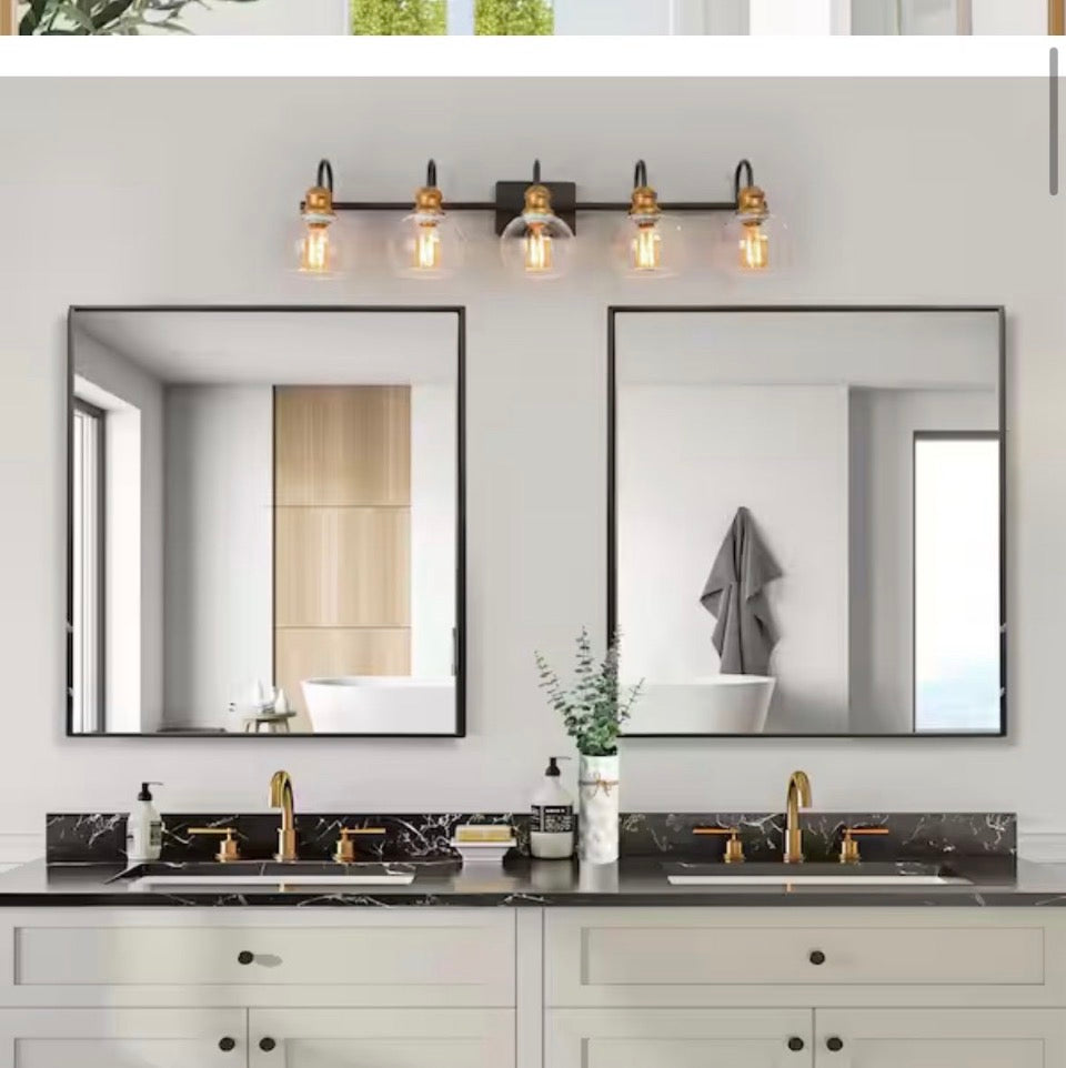 OPEN BOX NEW LNC Modern 35.5 in. 5-Light Aged Brass Vanity Light with Black Linear Frame and Clear Glass Globes