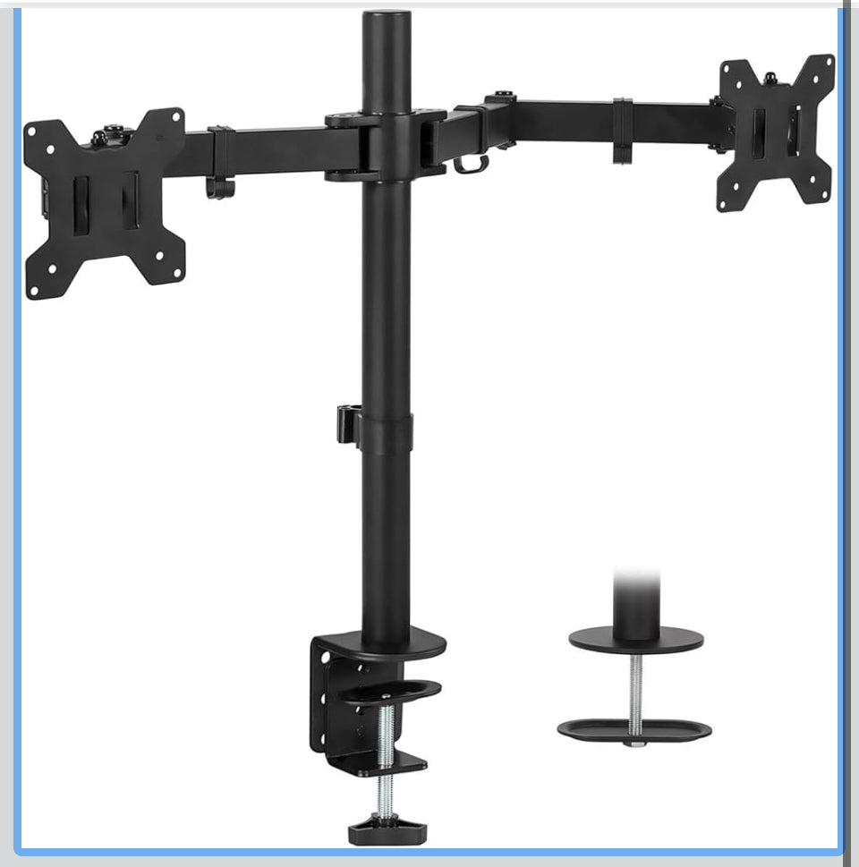 Open box Mount-It dual monitor mount with adjustable arms and heavy duty steel construction for 17 to 27 inch screens