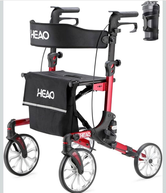 Open Box New HEAO Rollator Walker with Seat, Shock Absorber Rolling Walker for Senior with Cup Holder, Lightweight Foling Mobility Walking Aid Red