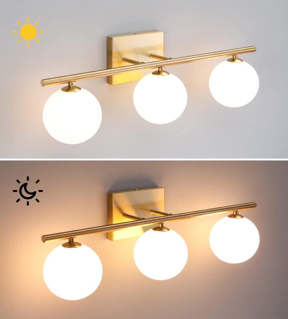 Gold Bathroom Vanity Light Fixtures,3 Lights Brass Milk White Globe - Selzalot
