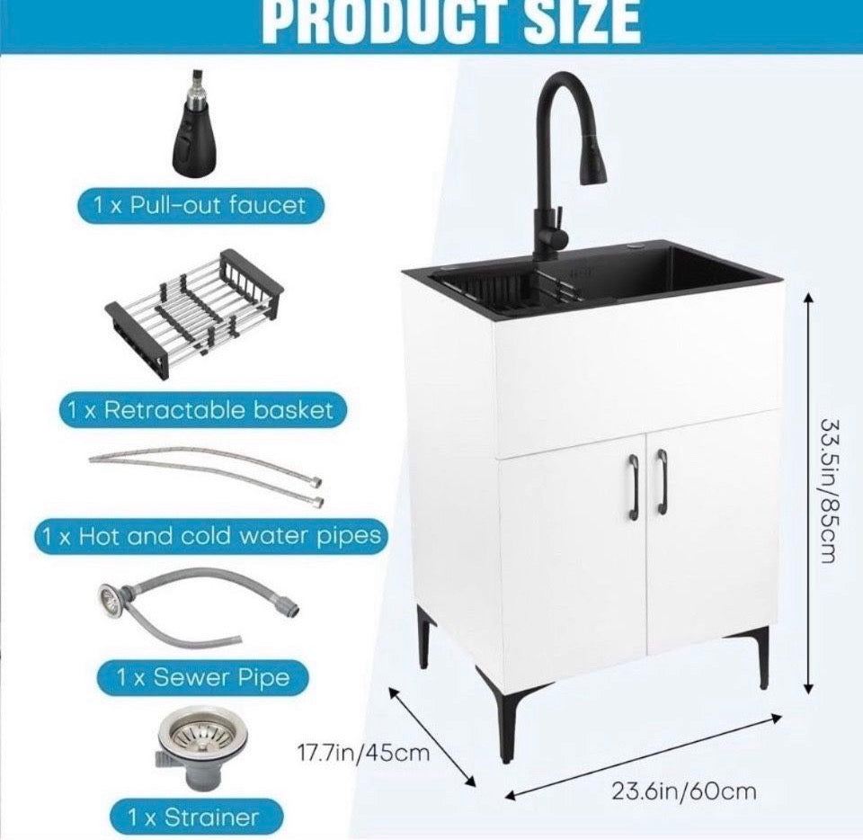 Open Box New Ownsig 23.6 inch Stainless Steel Laundry Sink with Cabinet and Pull-Out Faucet, Free Standing Utility Sink with Draining Basket